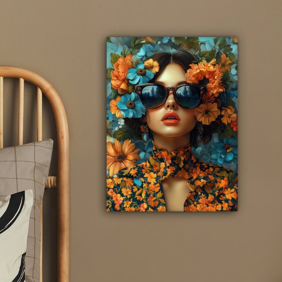 Canvas schilderij 30x40 cm - Wanddecoratie Vrouw - Bloemen - Oranje - Blauw - Modern - Muurdecoratie woonkamer - Slaapkamer decoratie - Kamer accessoires - Schilderijen op canvas