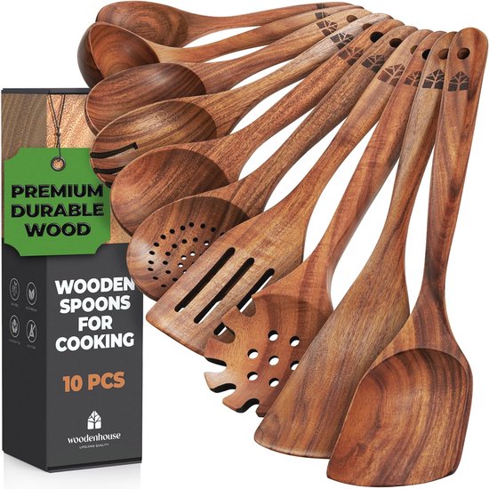 Houten kookgerei, keukengerei set met houder, teakhouten