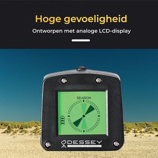 Een zwart metaaldetector LCD-scherm met groene weergave 'SEARCH' en merknaam ODESSEY.