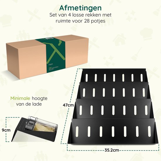 Zwarte aluminium kruidenrekset van 4 niveaus voor 28 potjes, met afmetingen van 47cm hoog en 35.2cm breed. Minimale ladehoogte 9cm.