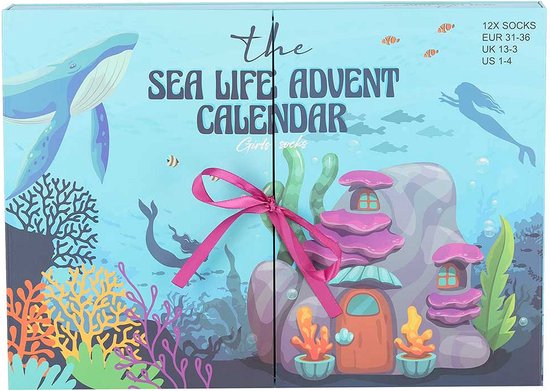 Adventskalender meisjes - Sealife - 12-Paar sokken - Maat 31/36 - adventkalender kinderen - adventkalender kerst