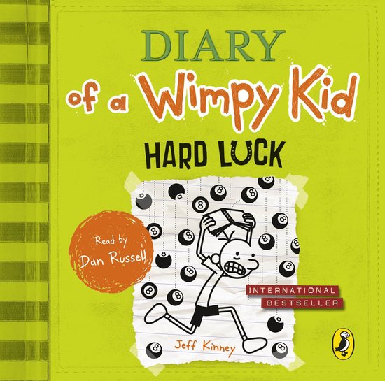 Couverture de livre : "Diary of a Wimpy Kid: Hard Luck" avec Greg portant des billes numéro 8. "Read by Dan Russell", "Jeff Kinney", "INTERNATIONAL BESTSELLER".