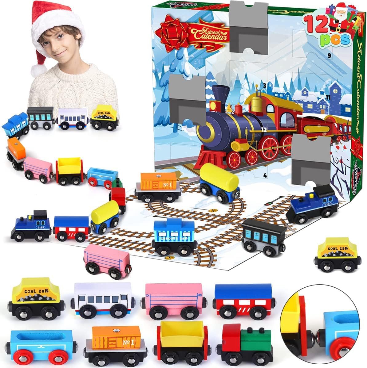 Kerst Adventskalender 2024 - 12 Dagen Aftelkalender met Houten Treinautos - Magnetische Treinset