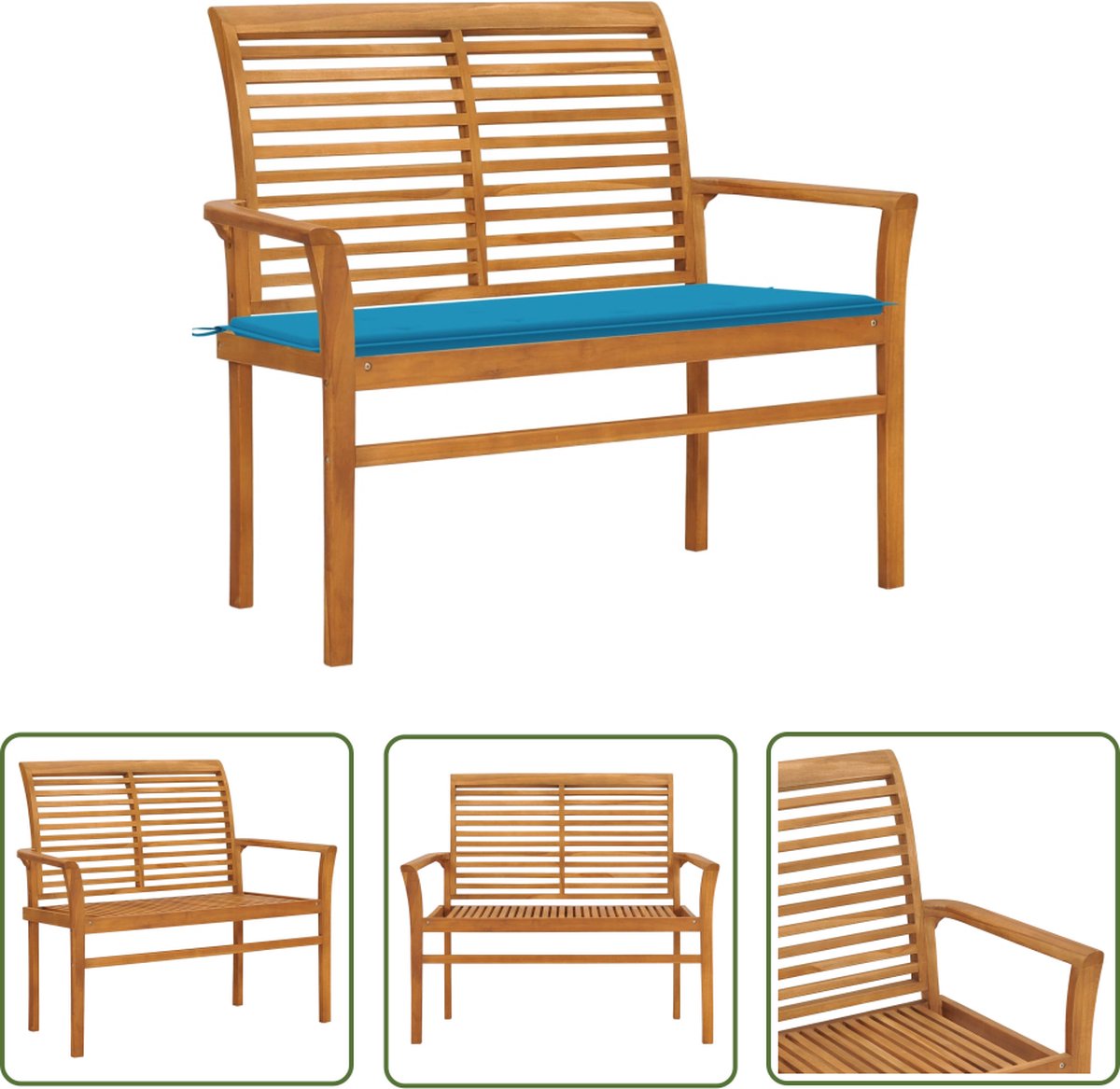 vidaXL Teakwood - Tuinbank - Tuinbank met blauw kussen 112 cm massief teakhout - Outdoor Furniture - Tuinset - Lounge Set