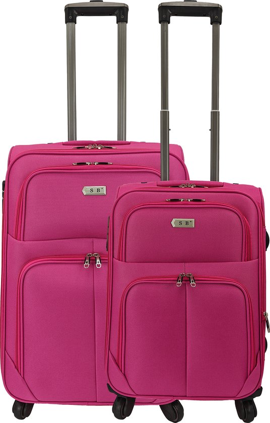 Roze kofferset van twee koffers met uitschuifbare handgrepen en wielen.