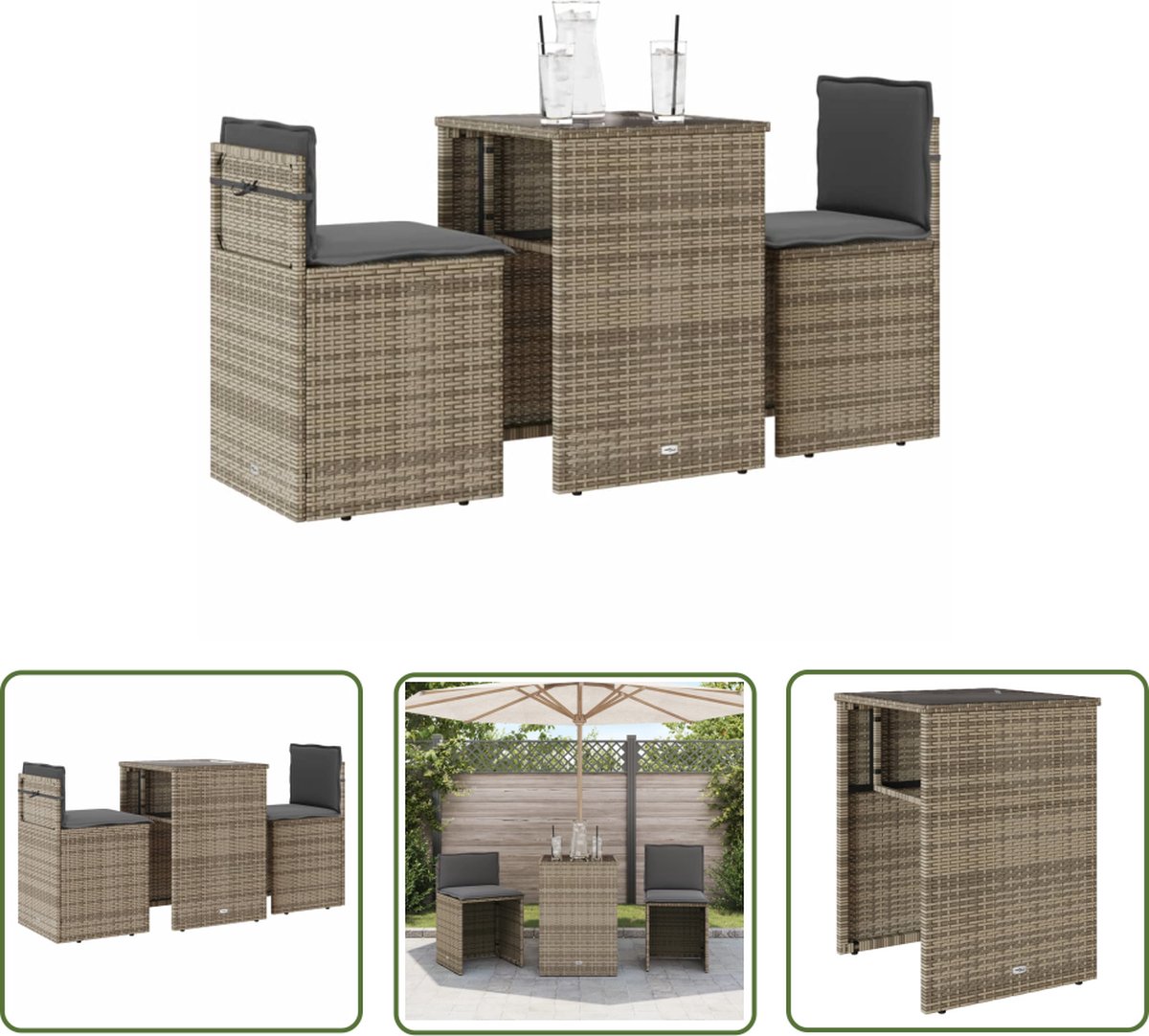 Grijze poly rattan bistroset met kussens voor buiten - Tuinmeubel.