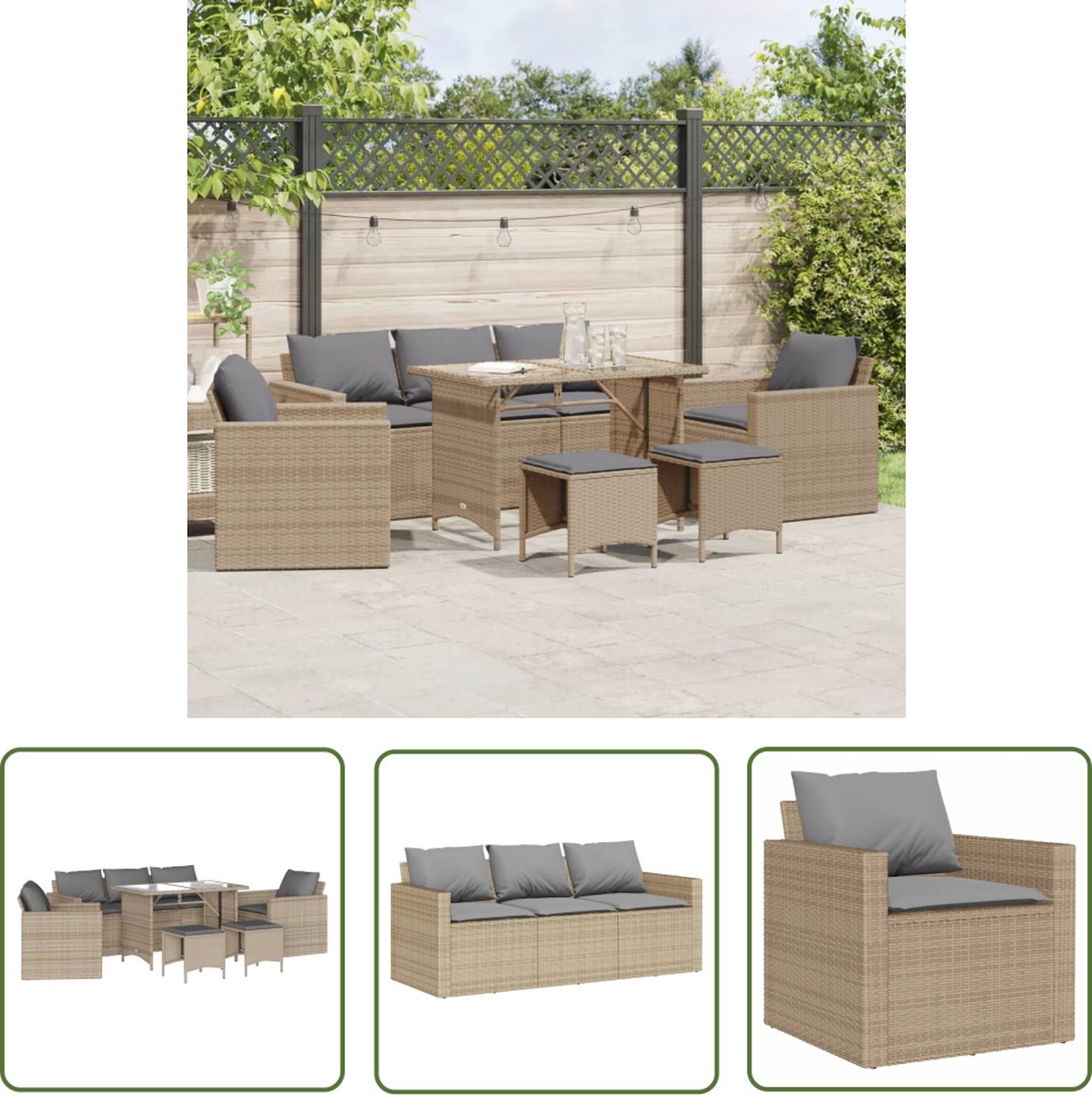 The Living Store 6-delige Loungeset met kussens poly rattan beige - Loungeset - Tuinmeubels - Lounge Set - PE-rattan - Outdoor Furniture