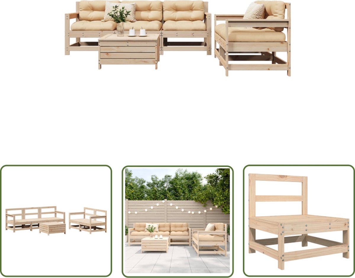 The Living Store 6-delige Loungeset massief grenenhout - Tuinmeubles - Lounge Set - Hoeklounge - Grenenhouten Meubel - Buitendining