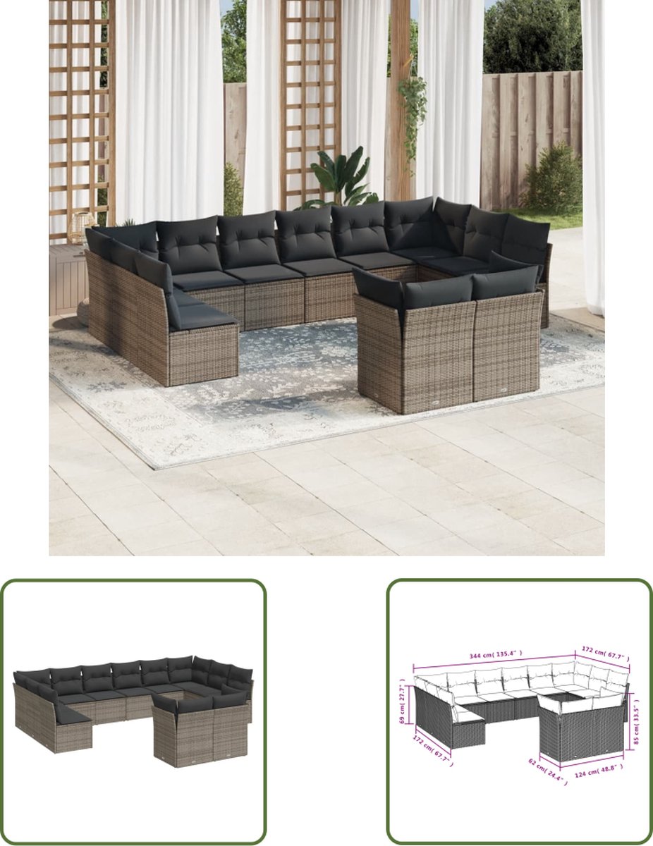 Grijze poly rattan loungeset met kussens voor buiten - The Living Store.
