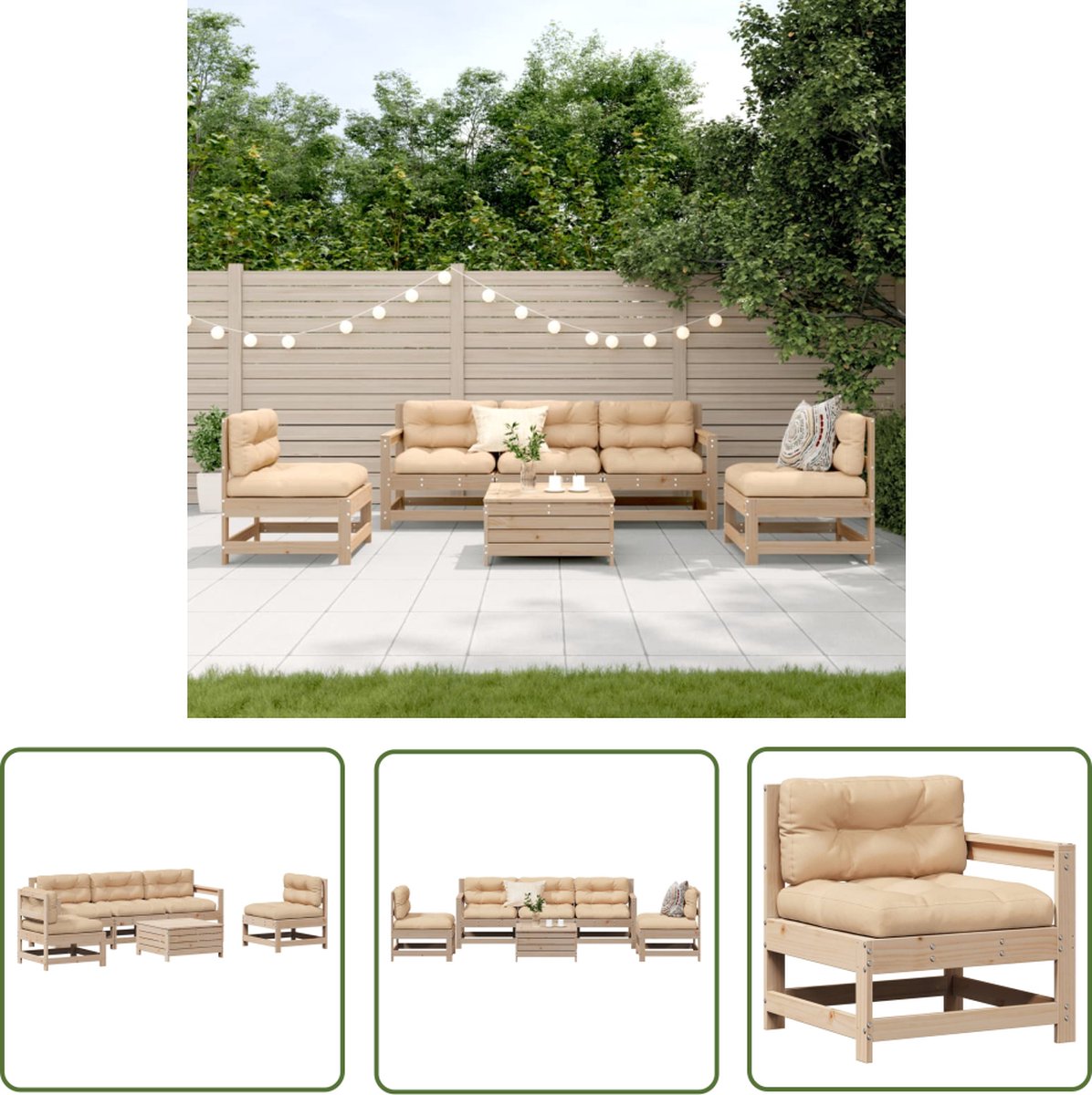 Massief grenenhouten loungeset met kussens voor tuinmeubels - The Living Store.