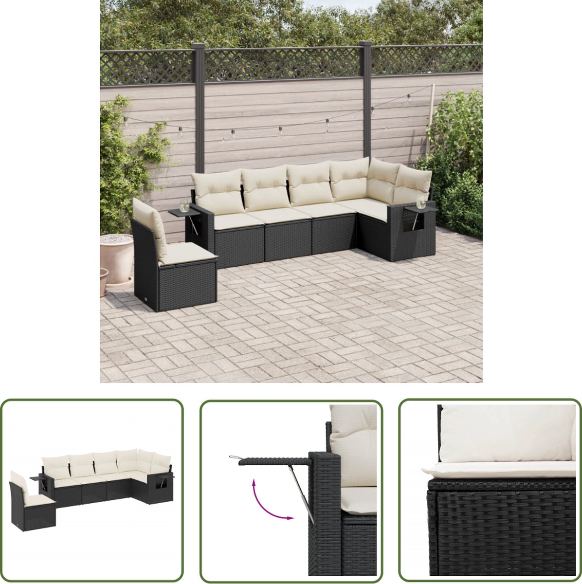 The Living Store 6-delige Loungeset met kussens poly rattan zwart - Loungeset - Tuinset - PE-rattan - Outdoor Furniture - Tuinmeubelen
