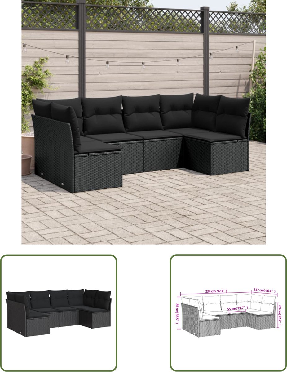 Zwarte poly rattan loungeset met kussens voor buiten - The Living Store.
