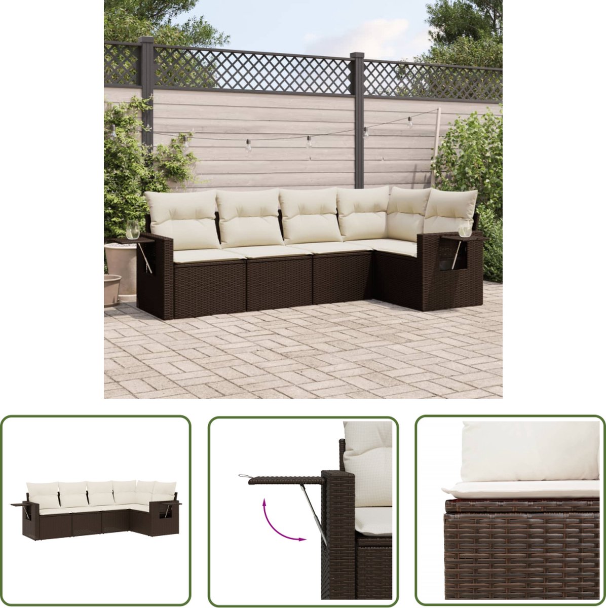 Poly rattan bruine loungeset met kussens voor buiten - Tuinmeubelen met comfort.