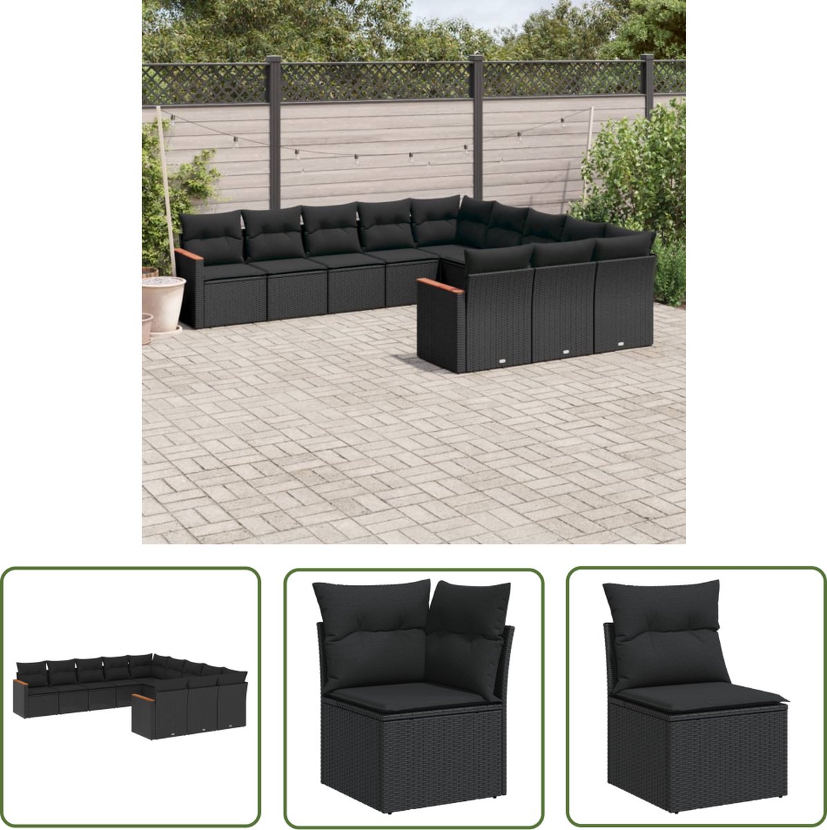 Zwarte poly rattan loungeset met kussens en loungebank voor tuin.