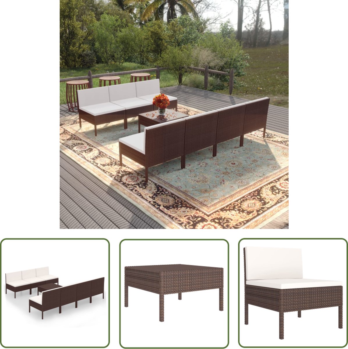 The Living Store 8-delige Loungeset met kussens poly rattan bruin - Loungeset - Tuinset - Tuinmeubels - Loungebank - Buitendining