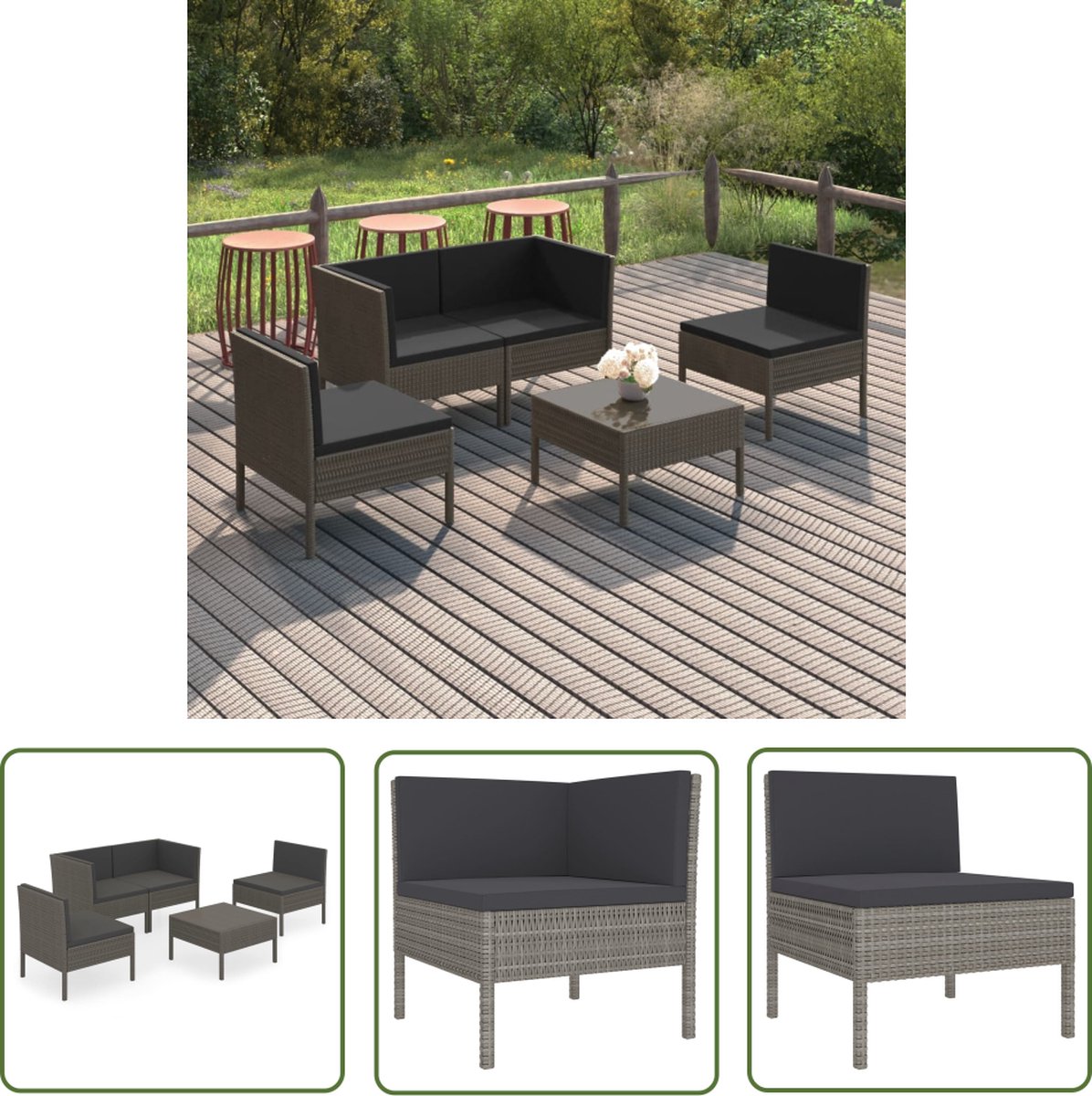 The Living Store 5-delige Loungeset met kussens poly rattan grijs - Loungebank - Tuinset - Buitendiner - Loungeset - Tuinlounge