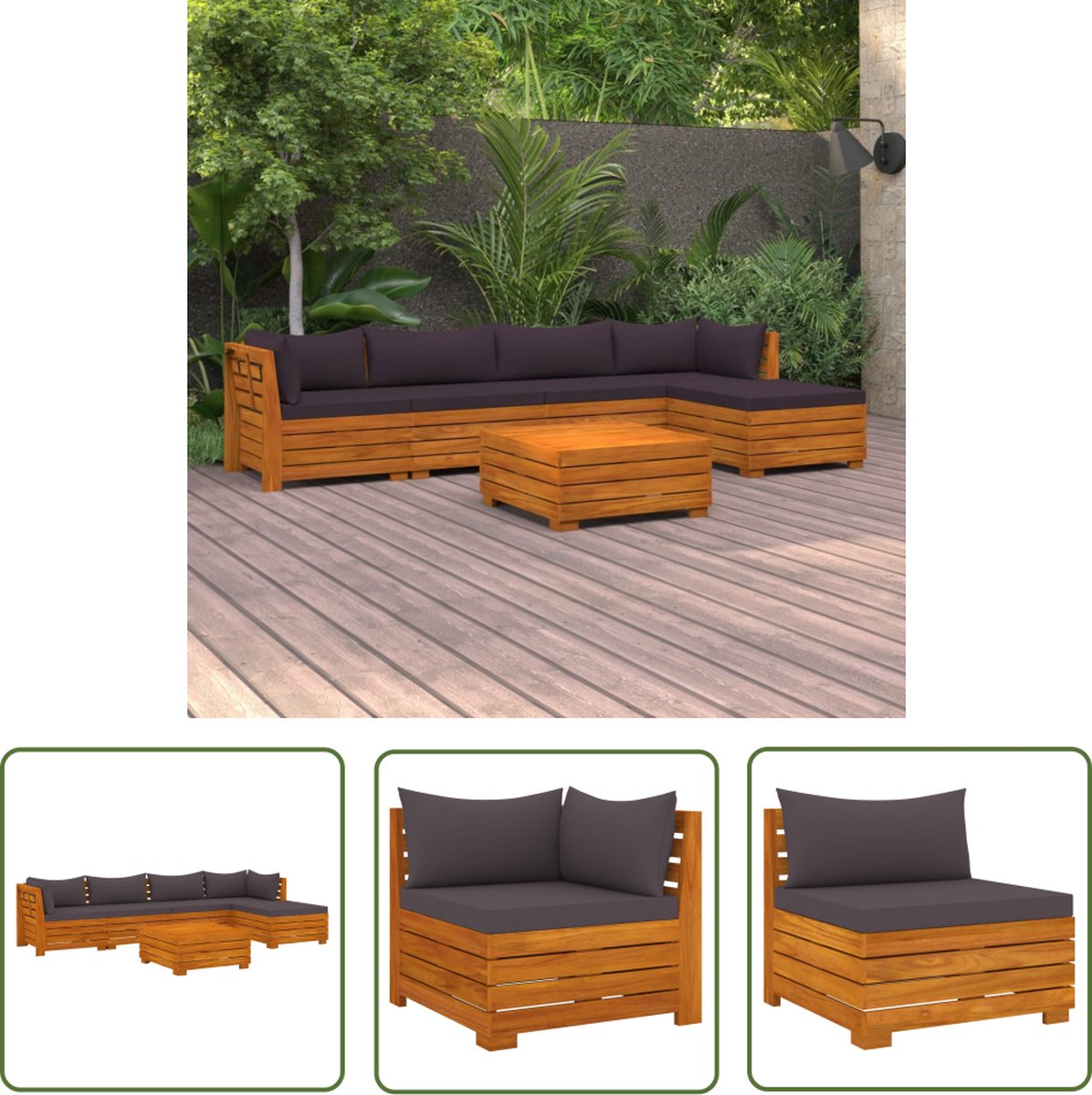 6-delige Loungeset van massief acaciahout met kussens - Tuinmeubilair - Acacia Hout