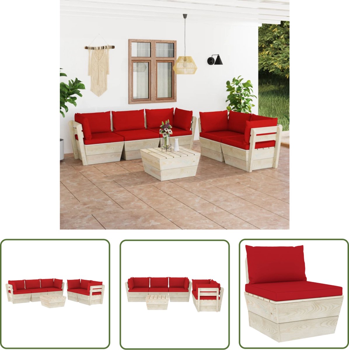 Loungeset van vurenhout met kussens en pallets voor buiten - Tuinmeubels