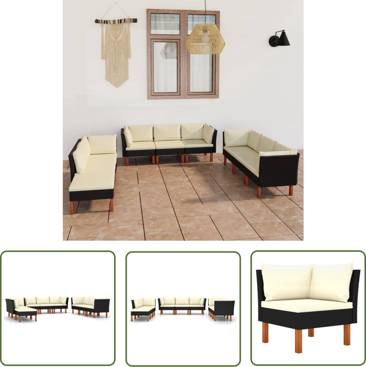 Zwarte poly rattan loungeset met kussens voor tuin en terras.