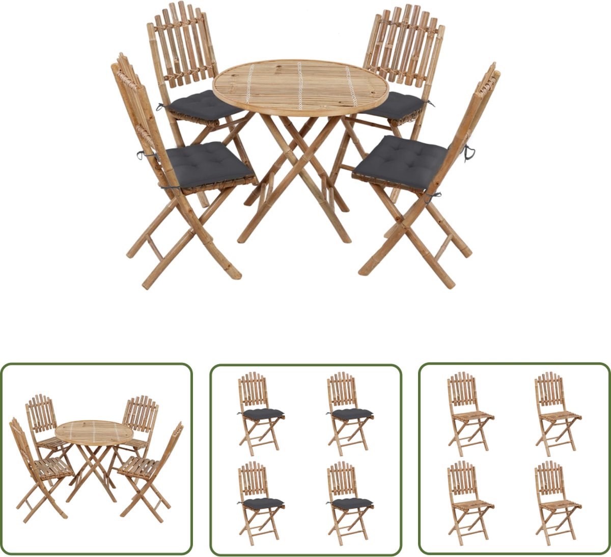 The Living Store 5-delige Tuinset inklapbaar met kussens bamboe - Bamboetuinset - Buitentafel - Lounge Set - Zitbank - Tuinstoelen