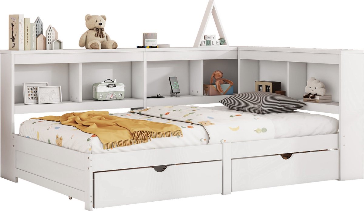 Merax Eenpersoonsbed met Vakken en 2 Lades 90x200 cm – Bed met Stopcontact en 2 USB-poorten – Zonder Matras - Wit