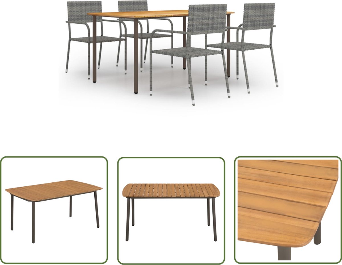 The Living Store 5-delige Tuinset poly rattan antracietkleurig - Tuinstoel - Eetkamerset - Acacia Hout - Buitentijd - Lounge Set