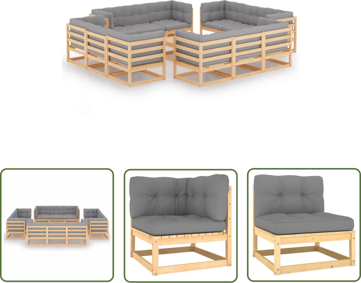 The Living Store 13-delige Loungeset met kussens massief grenenhout - Loungeset - Tuinset - Houten Lounge - Buitendecor - Tuinmeubel