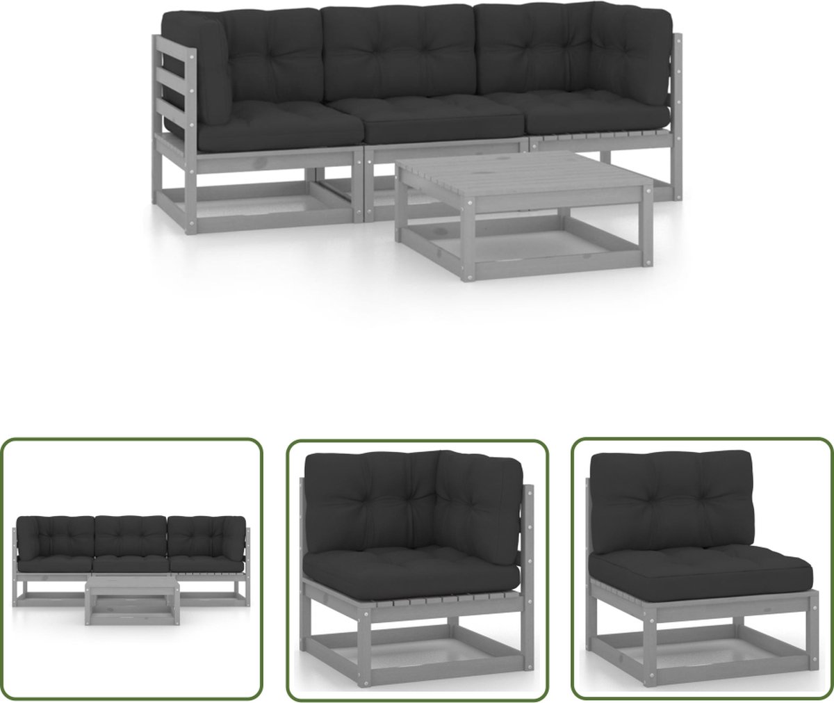 Massief grenenhouten loungeset met kussens voor buiten - Tuinmeubel - Houten loungebank