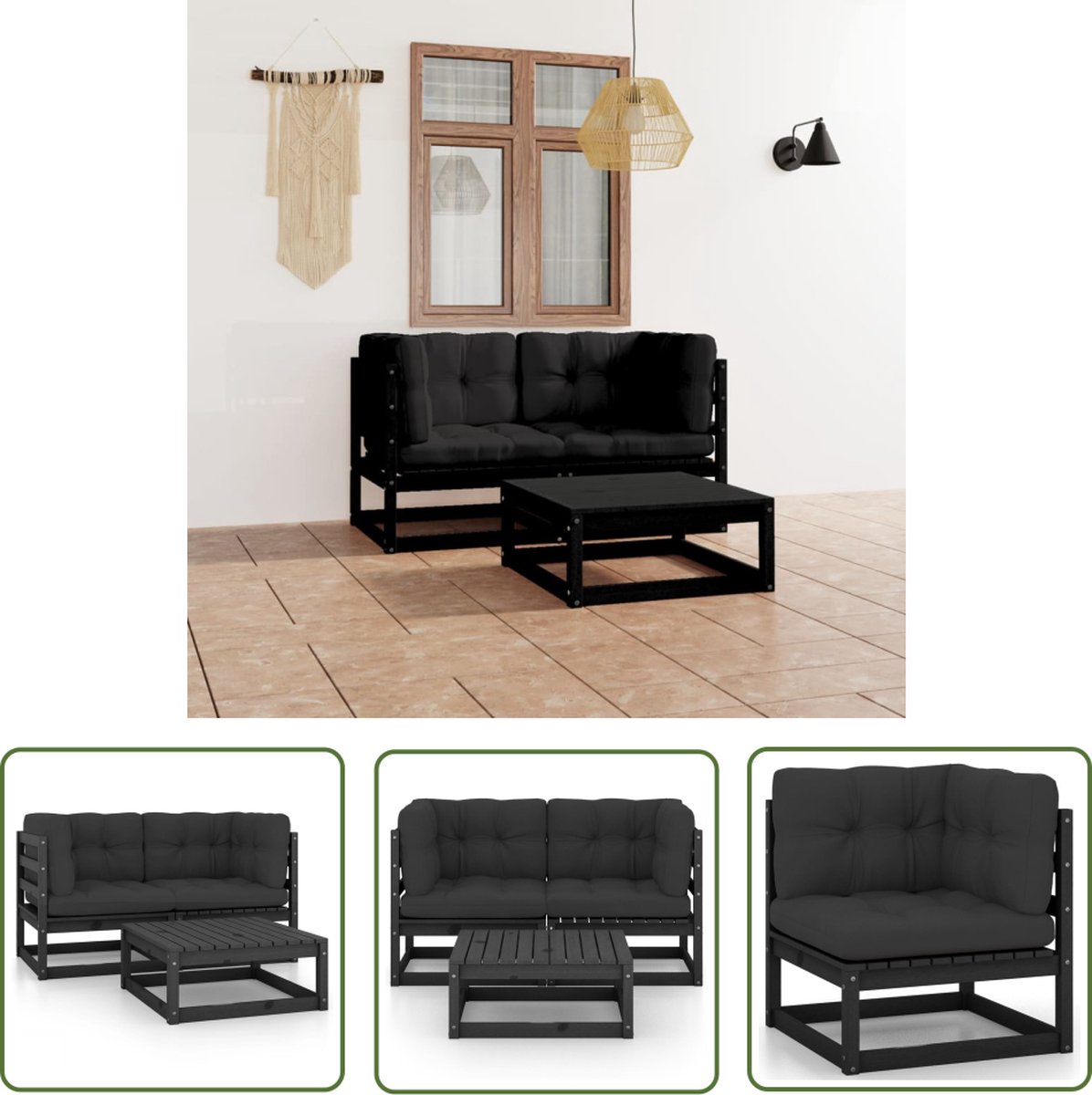 The Living Store 3-delige Loungeset met kussens massief grenenhout - Hoekbank - Lounge Set - Tuinset - Buitendecoratie - Houten Bank