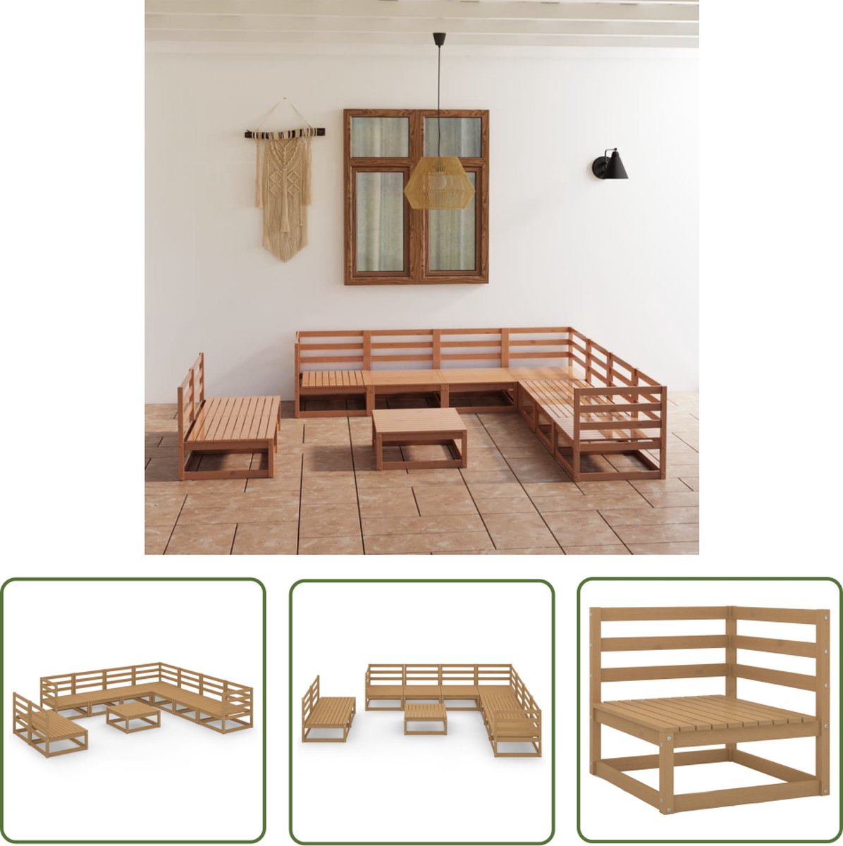 The Living Store 10-delige Loungeset massief grenenhout honingbruin - Tuinmeubel - Lounge Set - Houten Bank - Tuinset - Terrasmeubilair