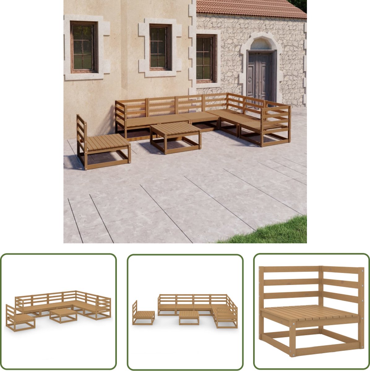 8-delige Loungeset van massief grenenhout in honingbruine kleur met terrasstoel.