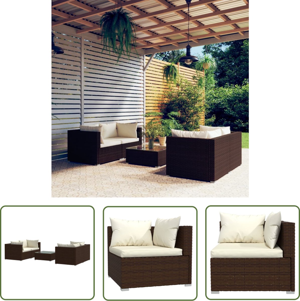 The Living Store 5-delige Loungeset met kussens poly rattan bruin - Tuinstoel - Lounge Set - Buitendecoratie - Outdoor Furniture - Relax Stoel