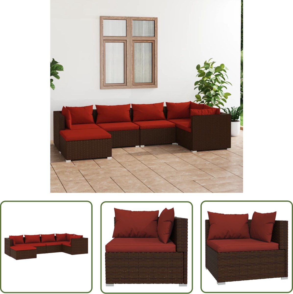 The Living Store bruine poly rattan loungeset met kussens - Tuinmeubels.