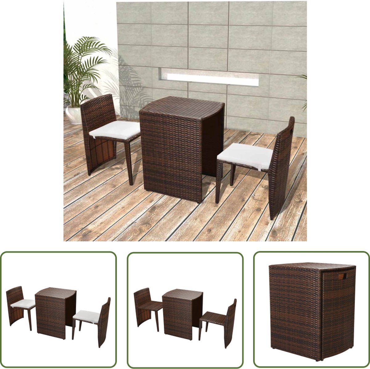 The Living Store 3-delige Bistroset met kussens poly rattan bruin - Tuinmeubelset - Eetkamerset - Bistroset - Terras Meubels - Outdoor Furniture