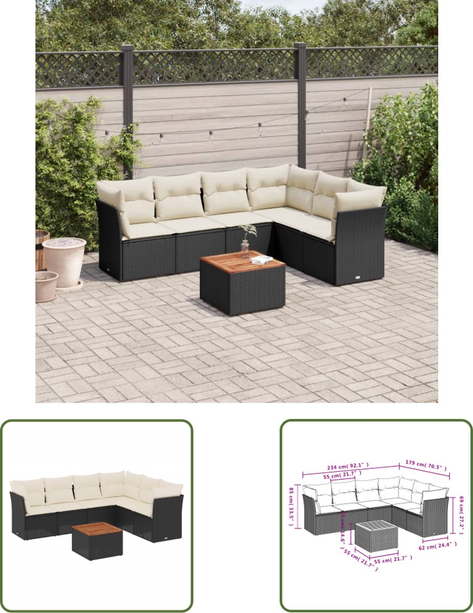 The Living Store 7-delige Loungeset met kussens poly rattan zwart - Loungeset - Tuinlounge - Loungemeubels - Outdoor Furniture - Buitenkamer