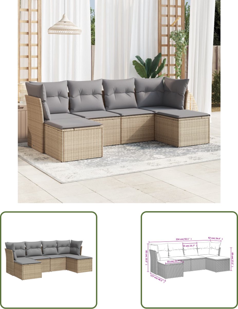 The Living Store 6-delige Loungeset met kussens poly rattan beige - Loungebank - Lounge Set - Buitendecoratie - Tuinmeubels - Ratan Meubel
