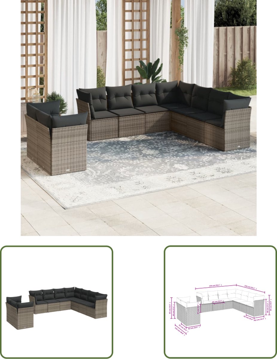 The Living Store 9-delige Loungeset met kussens poly rattan grijs - Loungeset - Tuinset - Lounge Bank - Buis Meubel - Outdoor Furniture