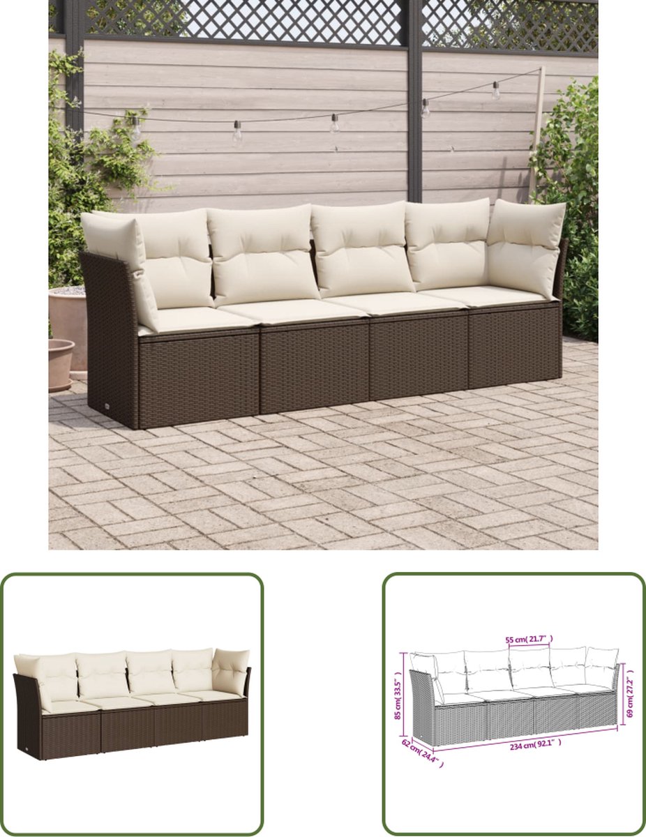 The Living Store 4-delige Loungeset met kussens poly rattan bruin - Loungebank - Tuinset - Lounge Set - Buitendecoratie - Outdoor Furniture