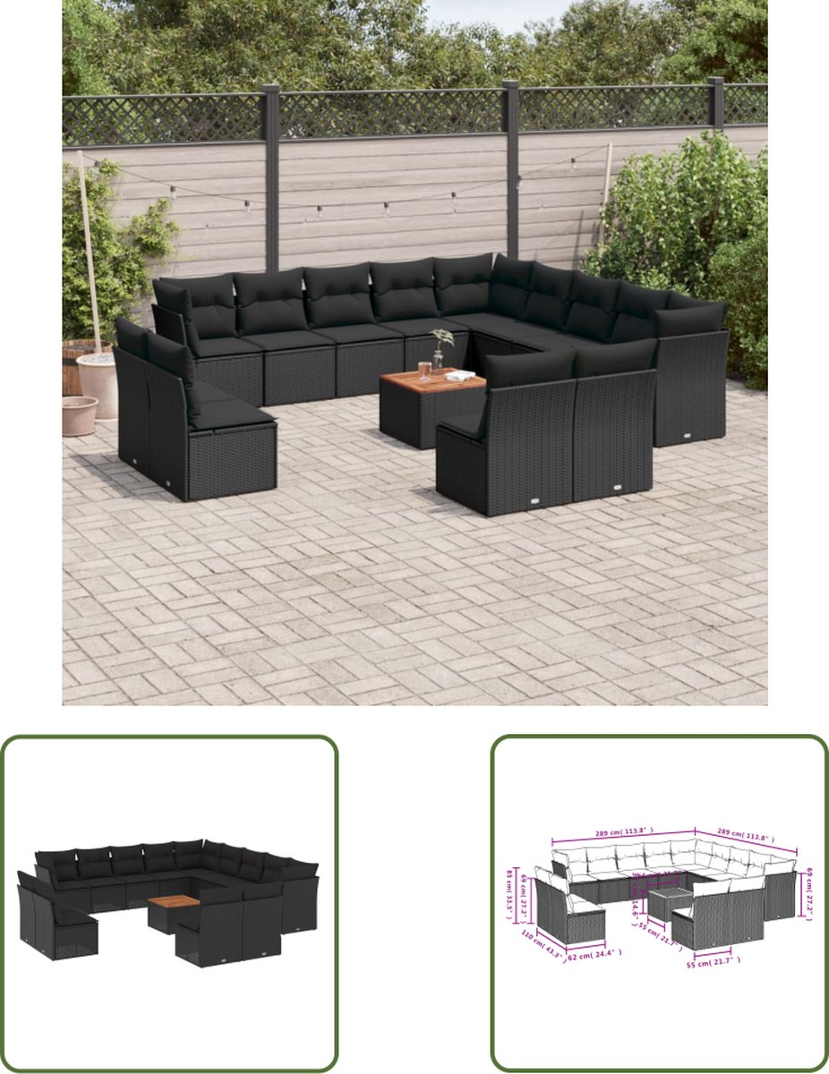 The Living Store 14-delige Loungeset met kussens poly rattan zwart - Loungeset - Tuinmeubels - Lounge Set - Pe Rattan - Zwarte Loungebank