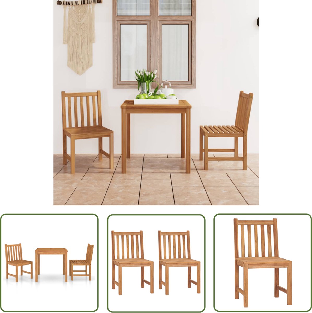 3-delige massief teakhouten tuinset met stoel, tafel en eetkamermeubilair.