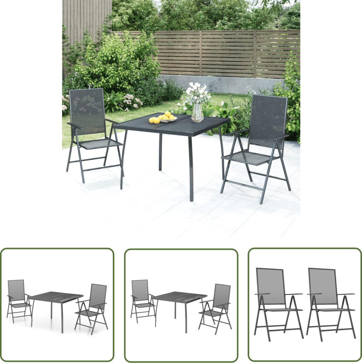The Living Store 3-delige Tuinset staal antracietkleurig - Tuinset - Lounge Set - Buitendecoratie - Aluminium Tuinbank - Bistrotafel