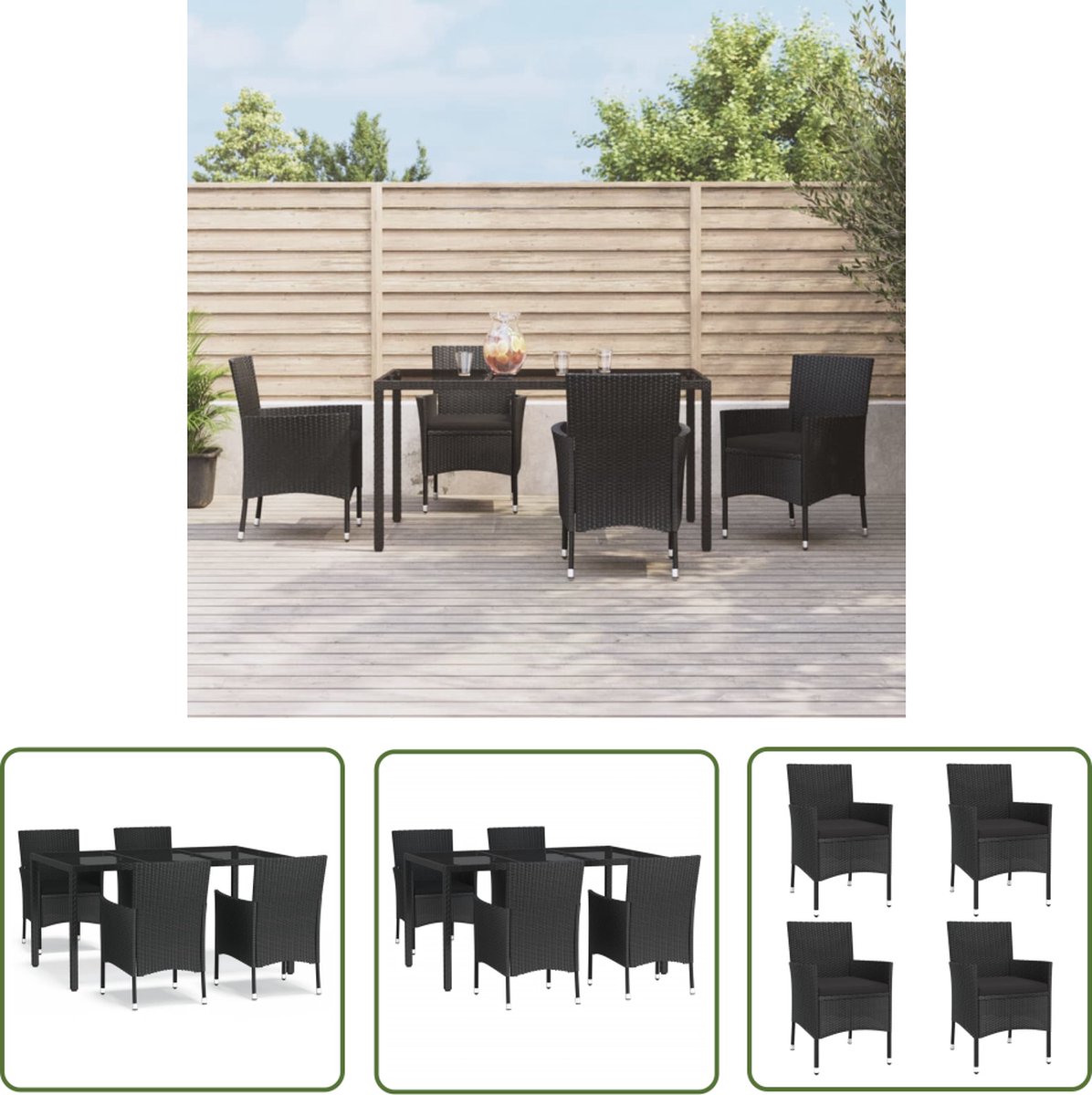 The Living Store 5-delige Tuinset met kussens poly rattan zwart - Tuinset - Lounge Set - Buitendecoratie - Outdoor Furniture - Zwarte Tuinbank