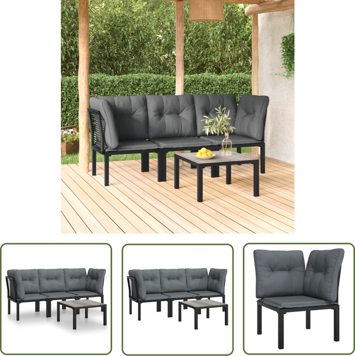 The Living Store 4-delige Loungeset poly rattan zwart en grijs - Loungeset - Tuinset - Loungehoekbank - Buitendinerset - Zwarte Loungestoel