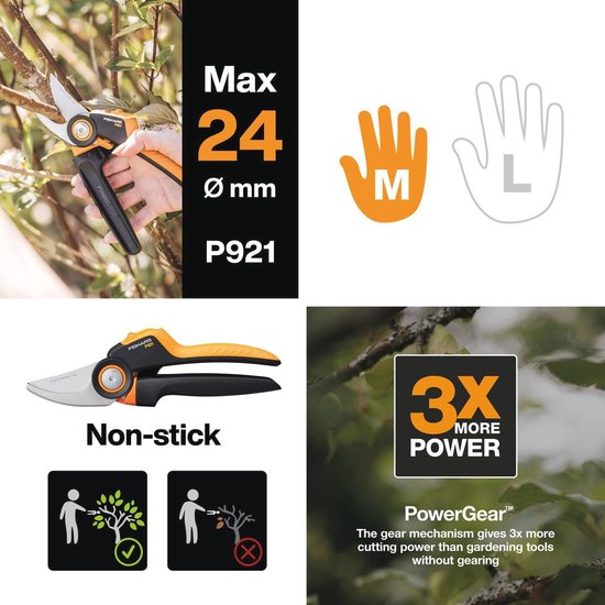 Bypass Pruning Shears M X-Series PowerGear P921 with Rotating Handle for Young Branches and Twigs Non-Stick Coated Stainless Steel Blades Length: 20 cm Black/Orange 1057173 van Merkloos	 — afbeelding 3