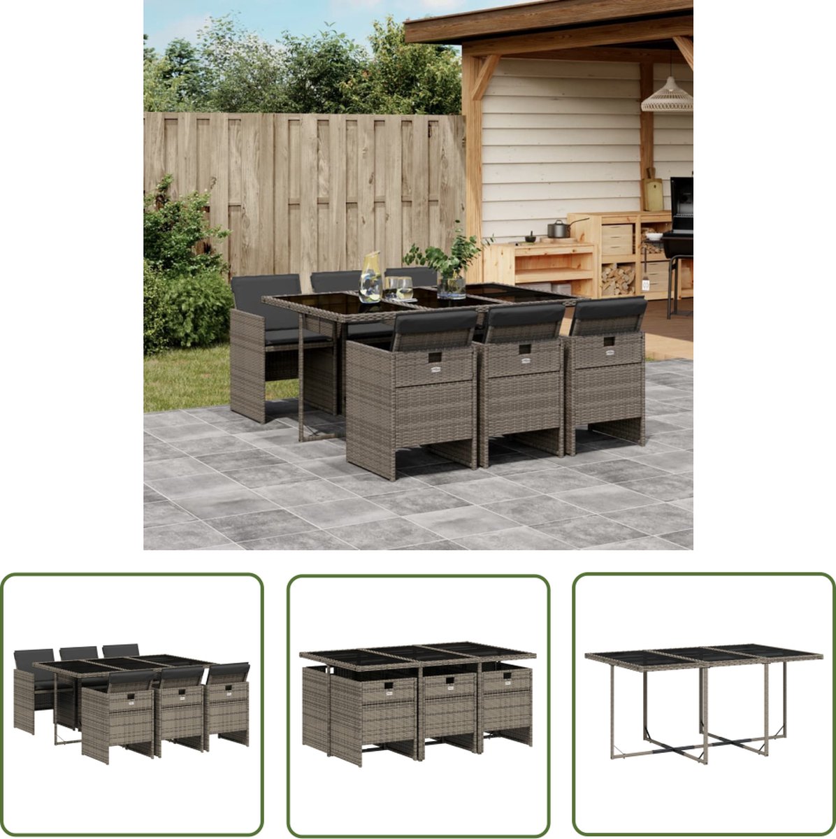 The Living Store 7-delige Tuinset met kussens poly rattan grijs - Tuinmeubilair - Tuinset - Lounge Set - Buitendecoratie - Patio Furniture