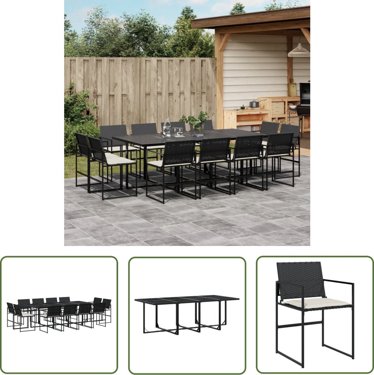 The Living Store 13-delige Tuinset met kussens poly rattan zwart - Tuinset - Eetkamerset - Buitentafel - Lounge Set - Terrasbank
