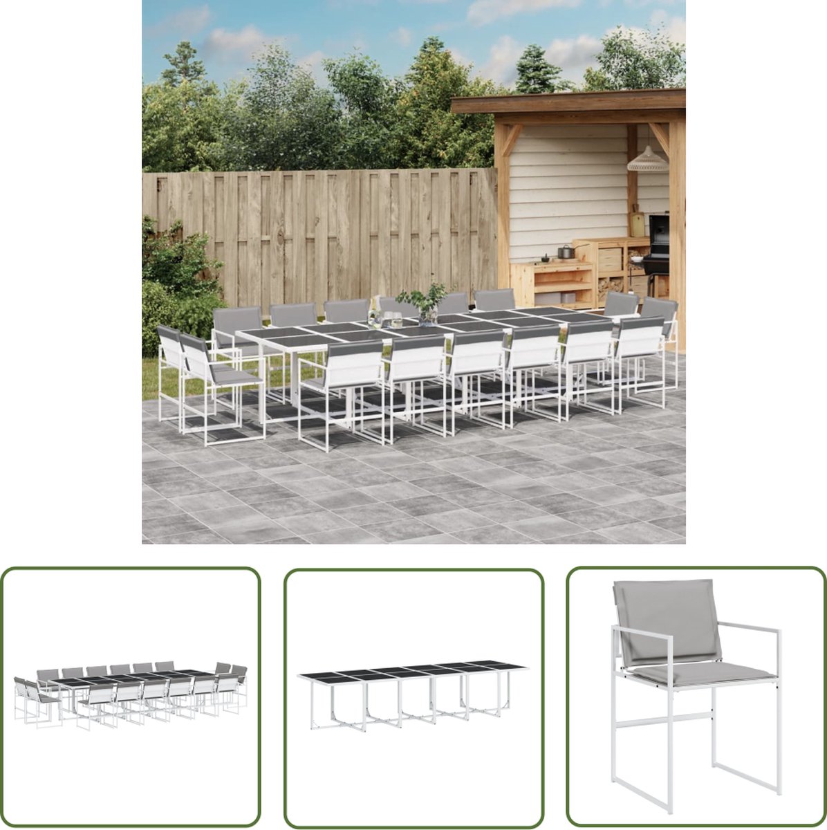 Tuinset met witte kussens en textileen stof.