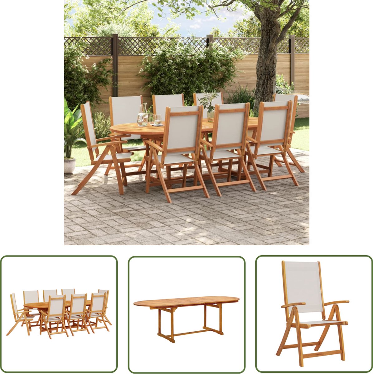 The Living Store 9-delige Tuinset massief acaciahout en textileen - Tuinmeubleset - Acacia Hout - Eetkamerset - Buitentafel - Tuinstoel