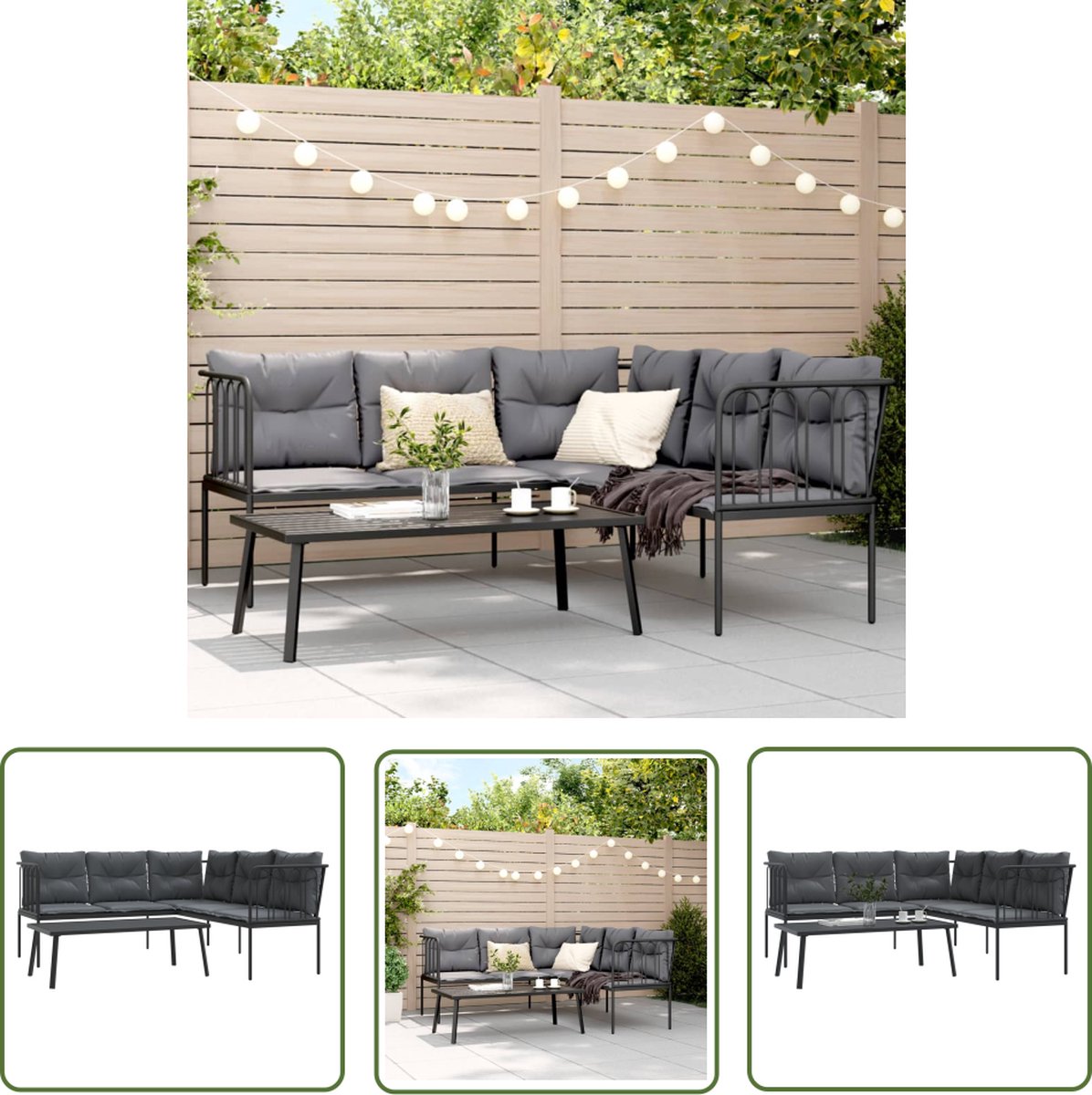 The Living Store Loungeset met kussens staal en textileen zwart - Loungeset - Tuinset - Tuinbank - Buitendecoratie - Lounge Set