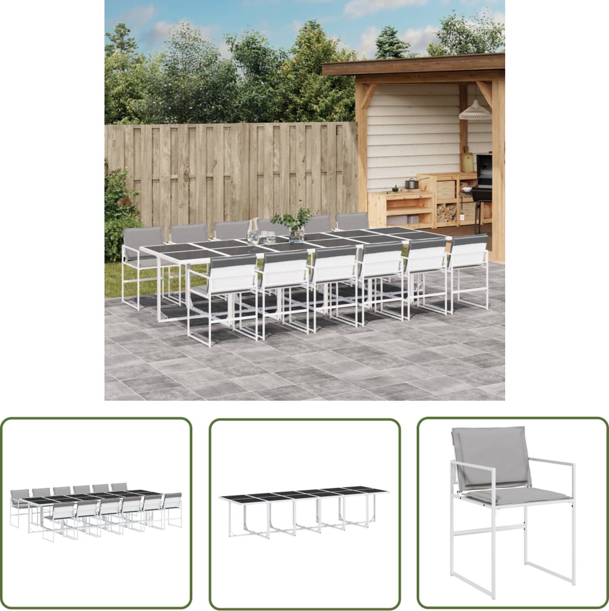 The Living Store 13-delige Tuinset met kussens textileen wit - Tuinset - Buitentijd - Lounge Set - Eetkamerset - Patio Furniture